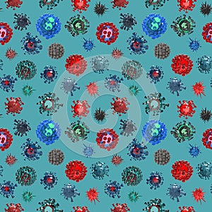 Virus cells seamless pattern on turquoise background