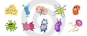 Virus characters. Cartoon infection bacteria and flu germs, microbiology disease emoticons. Vector microbe organism photo