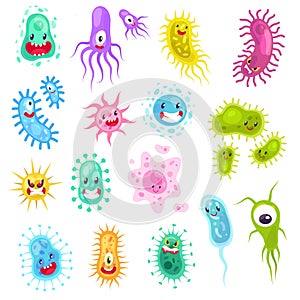 Virus characters. Funny cute monster viruses biological allergy cancer microbes aids epidemiology infection germ flu