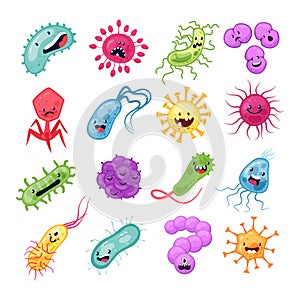 Virus characters. Funny viruses biological allergy microbes epidemiology bacterial infection germ flu microbiology