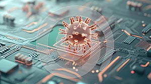 Virus on a circuit board, concept of cybersecurity awareness, digital threat on computer system, protection technology abstract photo