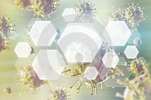 Virus closeup against green background, hexagons