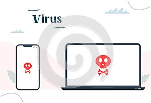 Virus on the computer or phone. Malware caution concept, spam data, fraud internet error, insecure risk danger connection, online