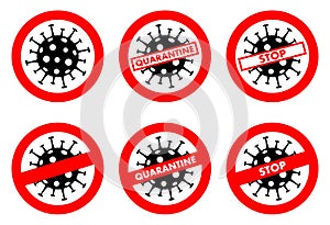 Virus concept. Warning Coronavirus sign. Quarantine zone. Biohazard. Danger. Stop. Banner, backdrop, icon. Biological