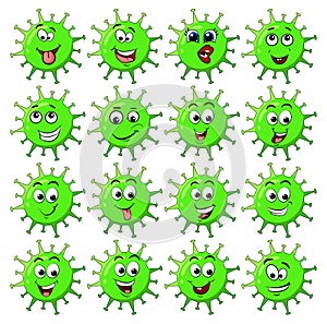 Virus corona cell cartoon character design with happyface. Coronavirus vector illustration with facial expression big set isolated