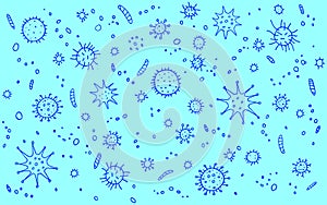 Virus, Coronavirus. Background, pattern, frame with outline Molecules and cells viral bacteria infection. Simple doodle icons.