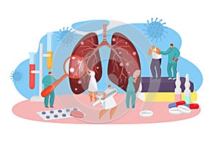 Virus coronavirus treatment in hospital, vector illustration. Doctors examine bacteria-infected lungs and get vaccinated