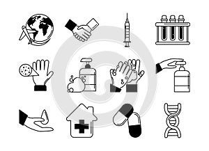 Virus covid 19 pandemic respiratory illness icons set line style