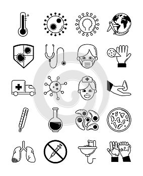 Virus covid 19 pandemic respiratory illness icons set line style