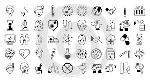 Virus covid 19 pandemic respiratory illness icons set line style