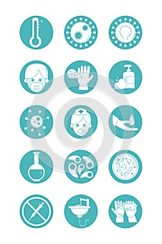 Virus covid 19 pandemic respiratory illness icons set line style