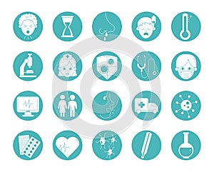 Virus covid 19 pandemic respiratory illness icons set line style