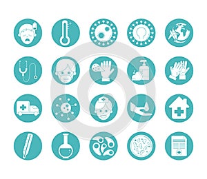 Virus covid 19 pandemic respiratory illness icons set line style