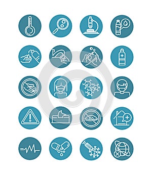 Virus covid 19 pandemic respiratory pneumonia disease icons set block line style icon