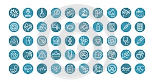 Virus covid 19 pandemic respiratory pneumonia disease icons set block line style icon