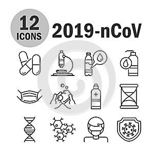 Virus covid 19 pandemic respiratory pneumonia disease icons set line style icon