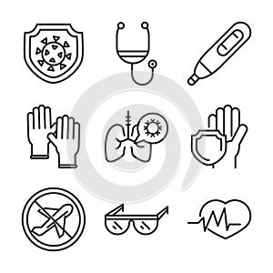 Virus covid 19 pandemic respiratory pneumonia disease icons set line style icon