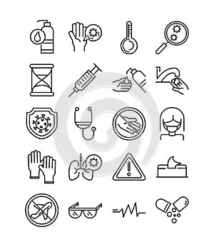 Virus covid 19 pandemic respiratory pneumonia disease icons set line style icon