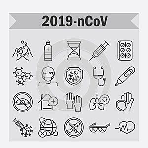 Virus covid 19 pandemic respiratory pneumonia disease icons set line style icon