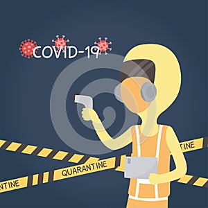 Virus covid 19 quarantine, staff medical protective suit and scan temperatura corporal photo