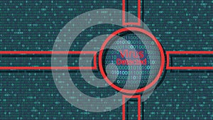 Virus detected alert message. Scanning computer virus inside binary code.