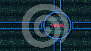 Virus detected alert message. Scanning computer virus inside binary code.