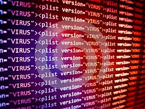 Virus detected, alert message. Scanning and identifying computer virus inside binary code listing