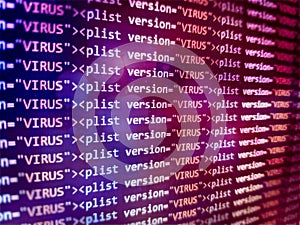 Virus detected, alert message. Scanning and identifying computer virus inside binary code listing