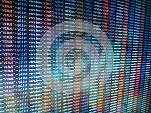 Virus detected, alert message. Scanning and identifying computer virus inside binary code listing
