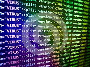Virus detected, alert message. Scanning and identifying computer virus inside binary code listing