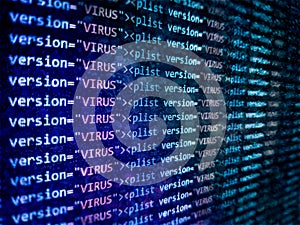 Virus detected, alert message. Scanning and identifying computer virus inside binary code listing
