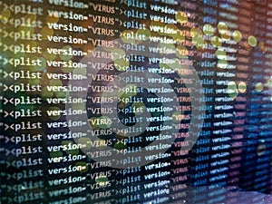 Virus detected, alert message. Scanning and identifying computer virus inside binary code listing
