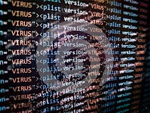 Virus detected, alert message. Scanning and identifying computer virus inside binary code listing