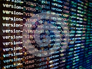 Virus detected, alert message. Scanning and identifying computer virus inside binary code listing