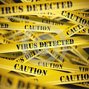 Virus detected yellow caution tape background. Security concept