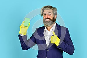 Virus disinfection. Man protective rubber gloves. Clean office. Destroy microorganisms. Disinfection concept. Bearded