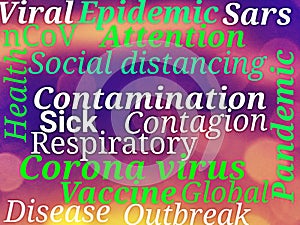 Virus Epidemic Background Concept Word Cloud,warnings on corona virus in a abstract blurred photo