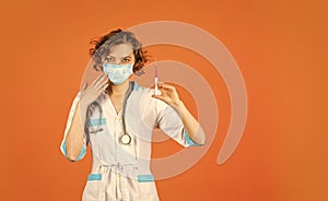 Virus epidemic outbreak. immunity vaccination. nurse wear respirator mask. Physician giving vaccine. HPV concept. Doctor