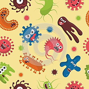 Virus germ. Funny bacteria pattern. Comic Covid influenza characters. Microbe faces. Happy pathogen cells. Angry