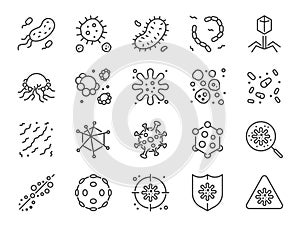 Virus icon set. Included icons as Colony of Bacteria, Bacteria, microbiology, biohazard, disease and more.