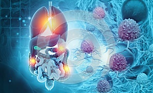 Virus infected human digestive system on scientific background