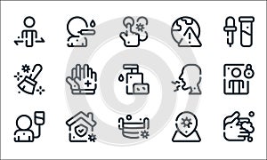 Virus infection line icons. linear set. quality vector line set such as handwash, medical mask, transfusion, location, stay at