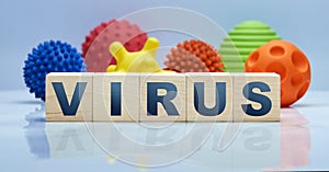 VIRUS inscription on wooden cubes on the background of the igulix viruses, concept of medecine