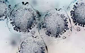 Virus inside cell. Replication and mutation of viruses. Macro 3D illustration photo