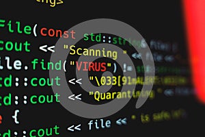 Virus installed in computer code. Security online concept