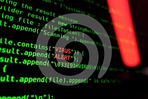 Virus installed in computer code. Security online concept