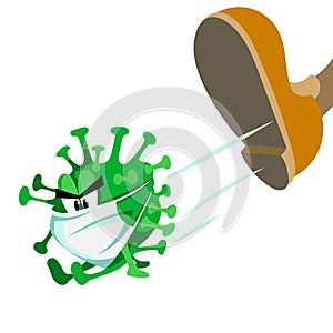 The virus in the mask. The coronavirus gets a kick in the ass. The illustration is made in a cartoon style.