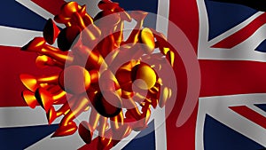 Virus molecule and British flag, virus spread and infection