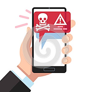 Virus notification on smartphone screen. Dangerous hacker alert message. Spam attack malware scam apps, error message