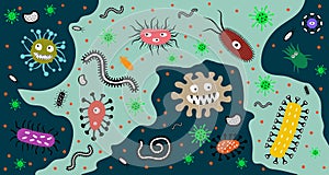 Virus and parasite. Pattern with cartoon. Germs and bacteria. Vector illustration photo